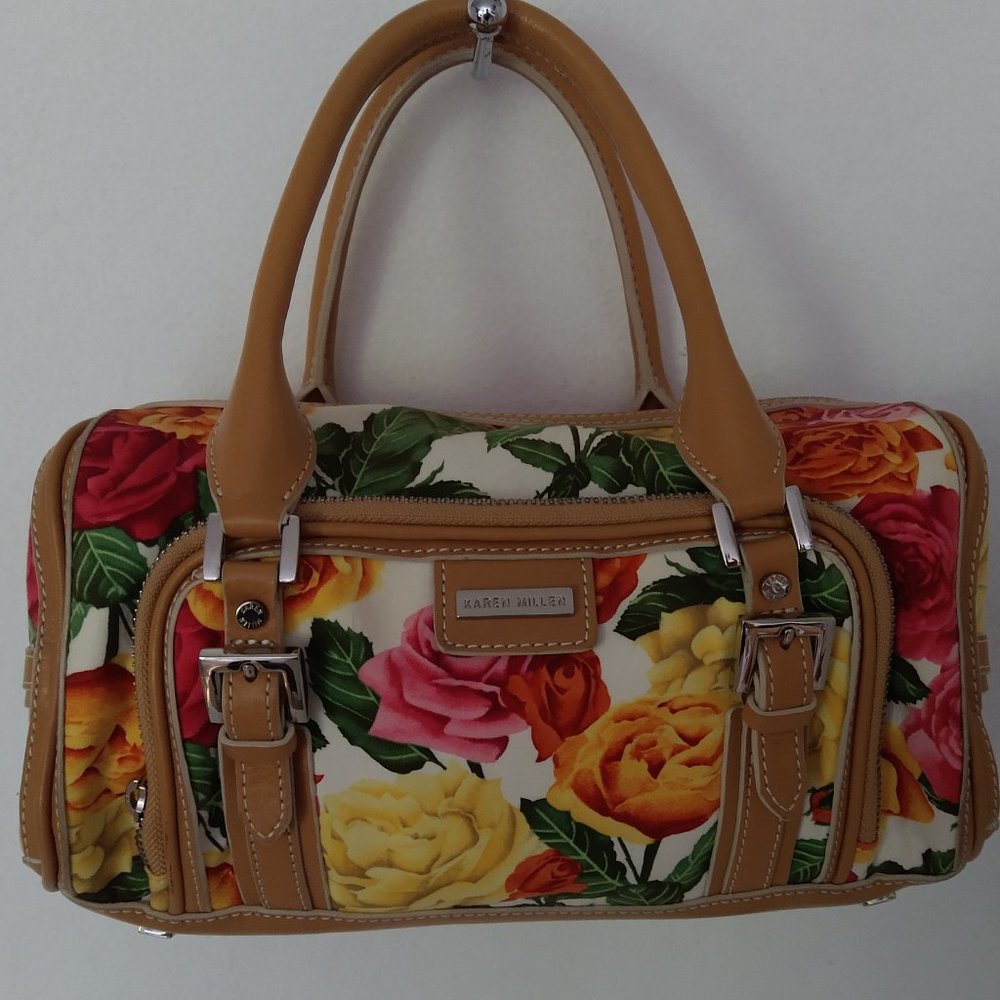 Women's Karen Millen Multi-Color Floral w/Camel Leather Trim Satchel Handbag